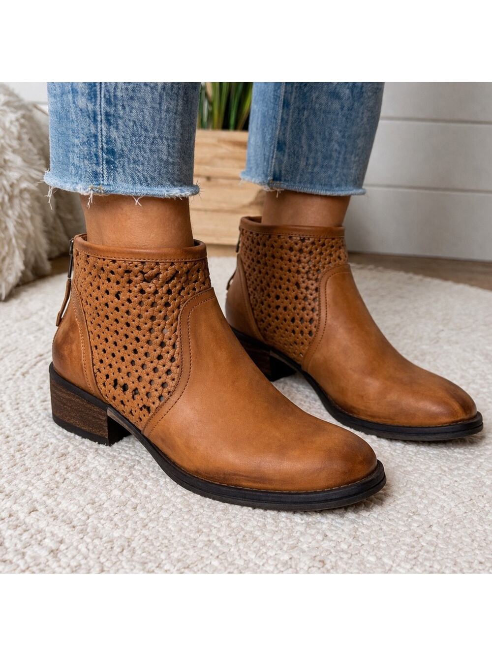 Very Volatile Manaste Perforated Distressed Leather Boho Booties Cognac Size 8.5